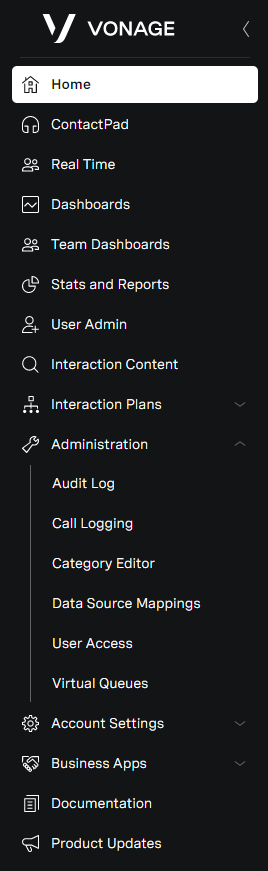 VCC Admin Portal menu - Administration section expanded