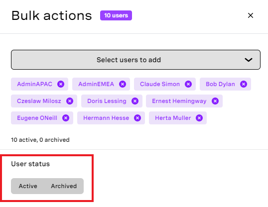 Bulk actions side panel user status section